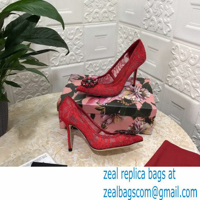 Dolce  &  Gabbana Heel 10.5cm Taormina Lace Pumps Red with Crystals 2021